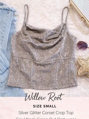 Willow Silver Glitter Cowl Neck Corset Crop Top